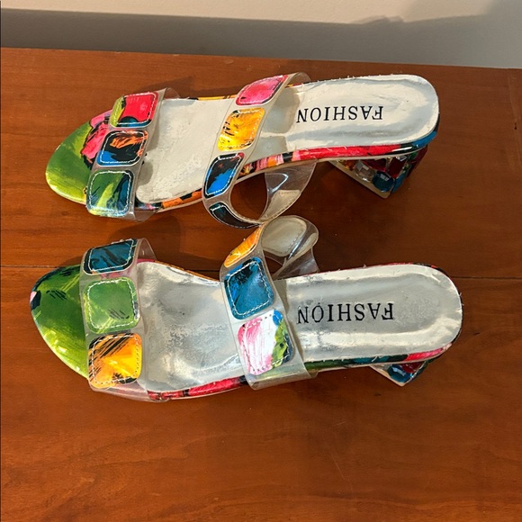 Fashion Nova Colorful Jeweled Block Heel Sandals | Clear Strap Statement Heels - Picture 5 of 9